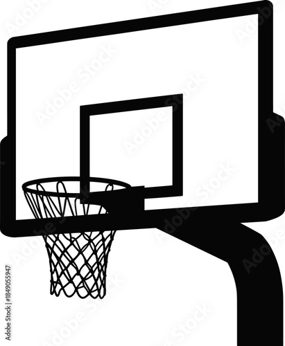 Black Silhouette Vector Illustration of a Professional Basketball Hoop with Net and Backboard Isolated on a Plain White Background