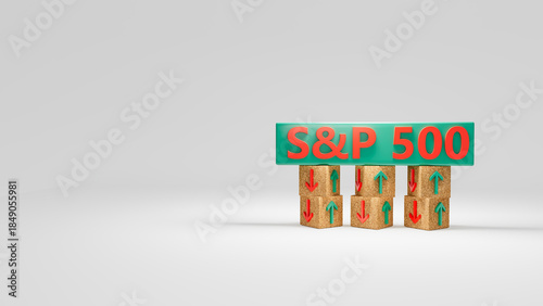 S and P 500 index symbol. Wooden blocks displaying S and P 500 and directional arrows indicating market trends with green and red symbols. On a table with a white background. Copyspace. 3d rendering