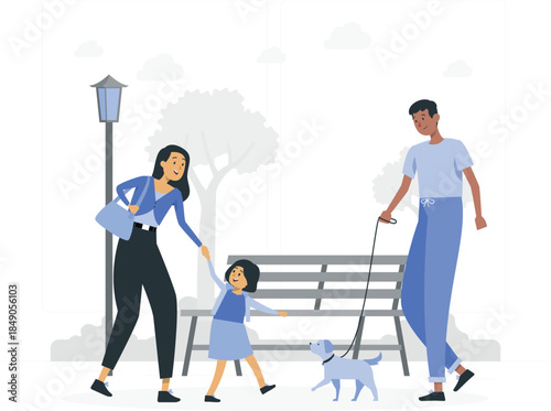 Family walking dog in park with bench and streetlight desi