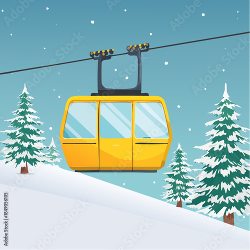 Yellow ski lift gondola in snowy mountains