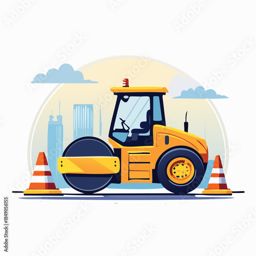 Yellow steamroller at construction site with cones