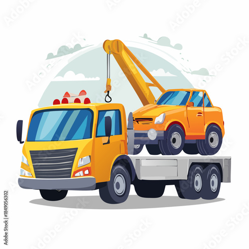 yellow tow truck carrying orange car