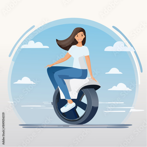 Young woman riding a personal electric unicycle