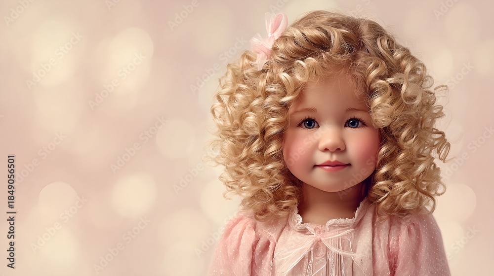 Fototapeta premium Beautiful young girl with curly blonde hair wearing pink dress, joyful childhood portrait, adorable innocent child with natural hairstyle and charming smile