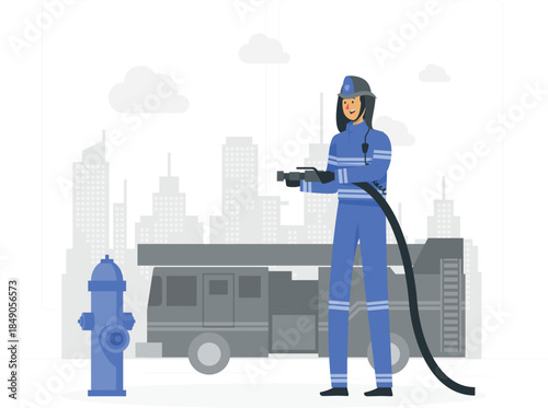 Female firefighter holding hose nozzle standing next to fire hydrant woman blue uniform fire hose de