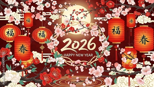 Chinese new year 2026 celebration with red lanterns and cherry blossoms on dark background with golden accents