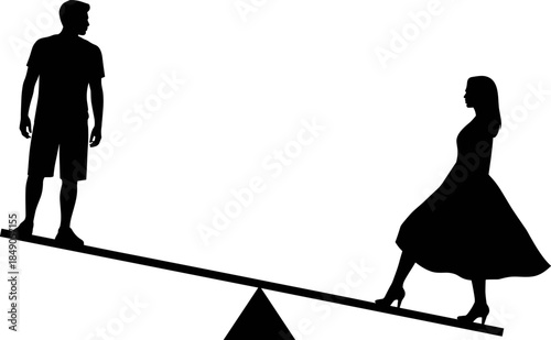 Black Silhouette Vector of a Man and a Woman Standing on a Seesaw Representing Gender Equality and Balance on White Background
