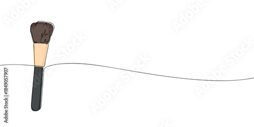 A simple illustration of a makeup brush with a dark handle and soft bristles, drawn in a clean minimal style
