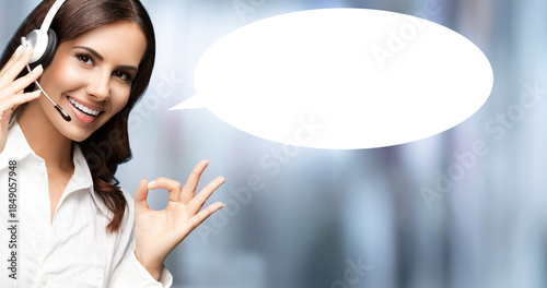 Representative call center. Businesswoman woman callcenter support phone operator, show ok okay hand sign gesture on office background with white empty mockup speech bubble. Customer help service