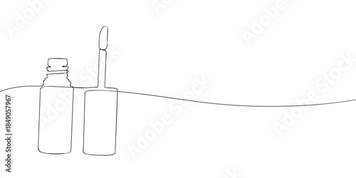 Minimal line illustration of an open mascara tube or lip gloss with a wand applicator beside the container, shown in a clean and simple style