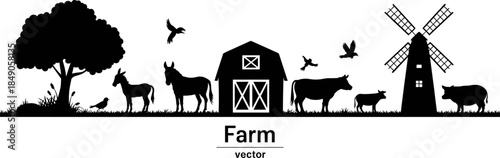 Black Silhouette Vector of a Rural Farm Landscape Featuring Barn Animals Windmill and Trees Isolated on a Plain White Background