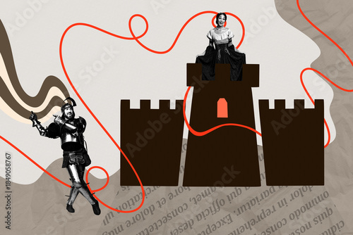 Foto 3d sketch poster trend collage of happy queen peek palace soldier man wear steel