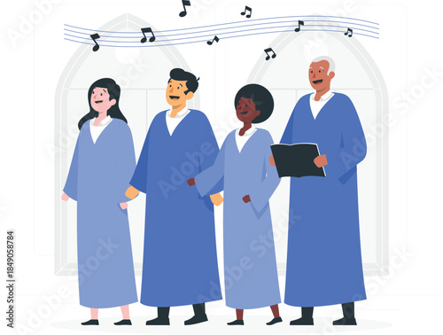 Four people wearing blue robes singing in front of arched window with music notes choir
