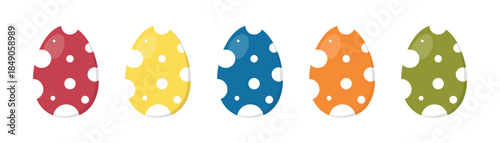 Colorful easter eggs. Set of red, blue, yellow, green, orange eggs with polka dots pattern isolated on white background. Design element for greeting card, sale, decot, sticker, invitation.