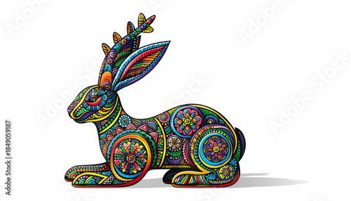 Colorful Jackalope Sculpture with Intricate Patterns on White Background.