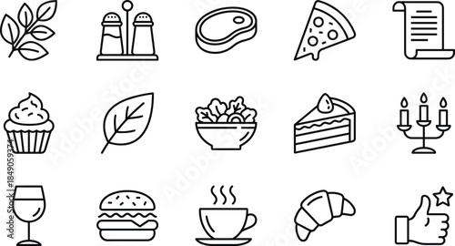 Restaurant and food line icons set featuring pizza slice, burger, steak, salad, coffee, cake, wine, croissant, and menu for catering