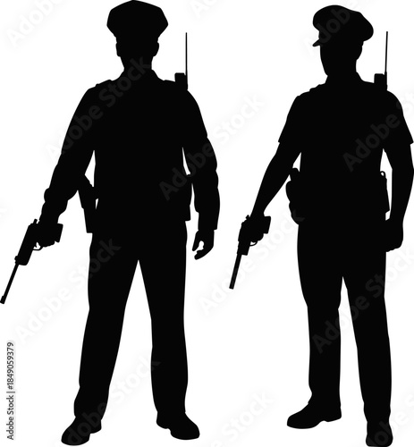 Black Silhouette Vector of Two Professional Police Officers in Uniform Holding Handguns and Standing Ready for Duty on White Background