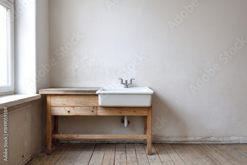Rustic wooden washstand with ceramic basin stands against a pale, unfinished wall beside a bright window