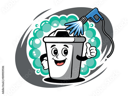 Cartoon bucket with power washer, cleaning cartoon character, smiling bucket with bubbles