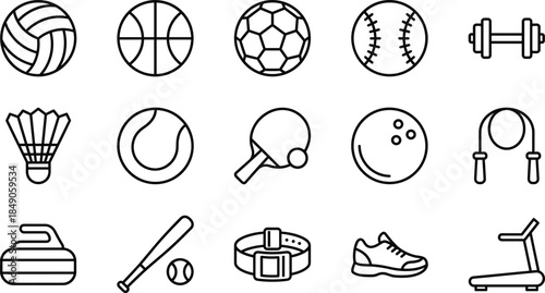 Sports and fitness line icons set featuring soccer ball, basketball, tennis, dumbbell, treadmill, jumping rope, bowling, and gym workout equipment.