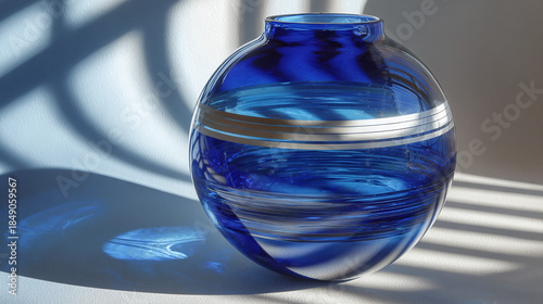 A spherical, blue glass vase, capturing light and casting intricate shadows