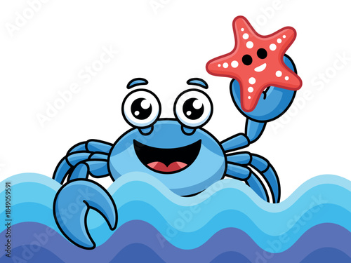 Cartoon Blue Crab Holding Red Starfish in Ocean Water with Big Smile