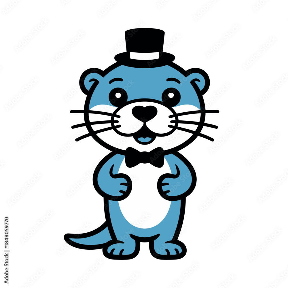 Fototapeta premium Cartoon Otter Wearing Top Hat and Bow Tie, Standing Upright with Smiling Face