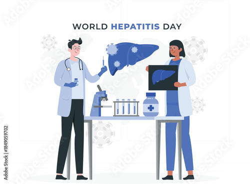 Hepatitis Day medical professionals with liver model and virus doctors nurses d