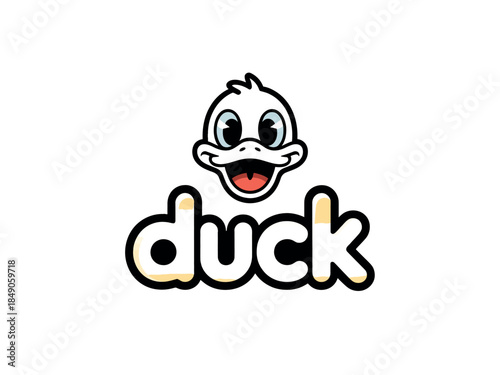 Cartoon Duck Logo with Smiling Face and Bold Typography on White Background