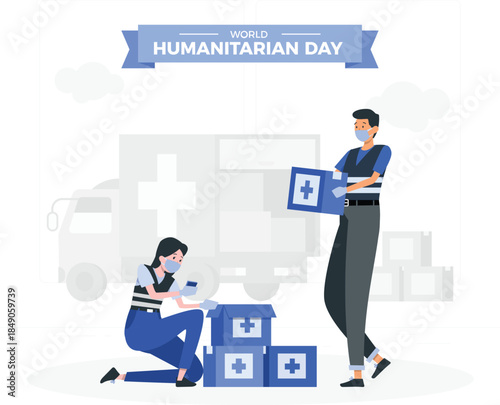 Humanitarian Day medical workers with first aid boxes ambulance humanitarian aid desi