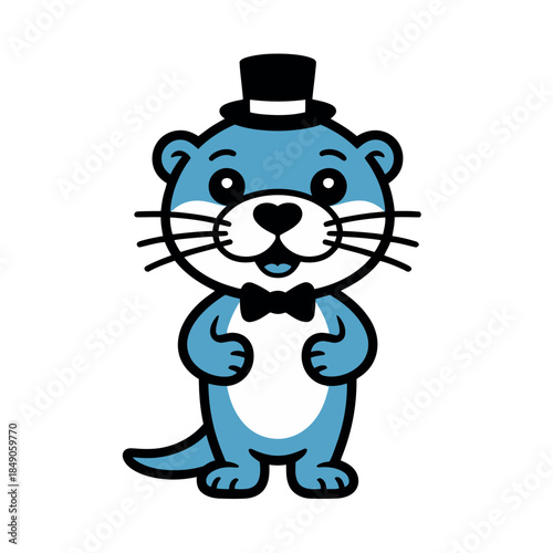Cartoon Otter Wearing Top Hat and Bow Tie, Standing Upright with Smiling Face