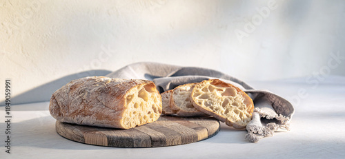 Schilderij op canvas Rustic Artisan Ciabatta Bread Sliced on Wooden Cutting Board