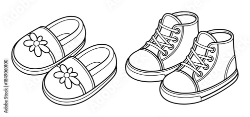 Black and white of children shoes with flower and tops sneakers kids