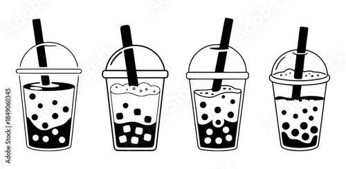 Bubble tea cups with straws black and white drink