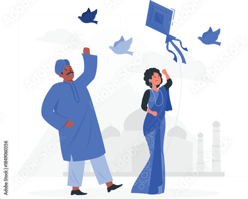 Indian couple flying kite with birds woman blue des