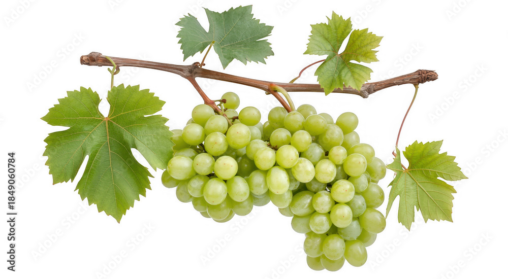 Obraz premium Bunch of green grapes on a vine grape bunch grape leaves isolated on a transparent background