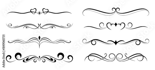 Decorative black flourishes and swirls with hearts and diamonds isolated white background editable