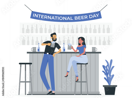 International Beer Day celebration at bar with man and woman desig