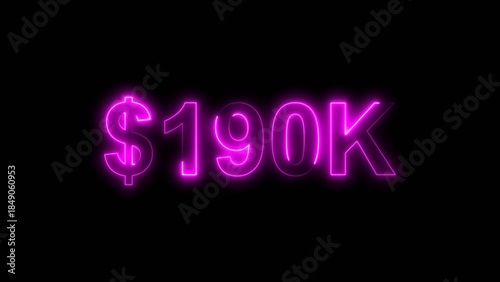 Neon line bright 190k followers isolated magenta color 4k illustration on black background. Vibrant neon shiny 190k text magenta color 4k illustration digits for high-resolution.