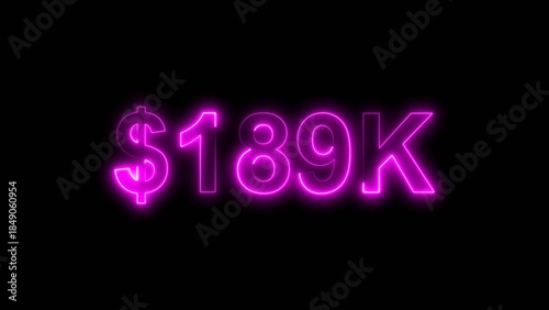 Neon line bright 189k followers isolated magenta color 4k illustration on black background. Vibrant neon shiny 189k text magenta color 4k illustration digits for high-resolution.
