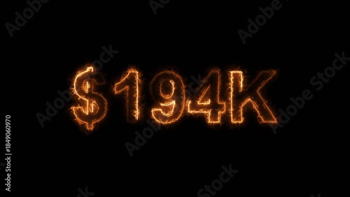 Neon line bright 194k followers isolated orange color 4k illustration on black background. Vibrant neon shiny 194k text orange  color 4k illustration digits for high-resolution.