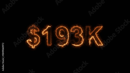 Neon line bright 193k followers isolated orange color 4k illustration on black background. Vibrant neon shiny 193k text orange  color 4k illustration digits for high-resolution.