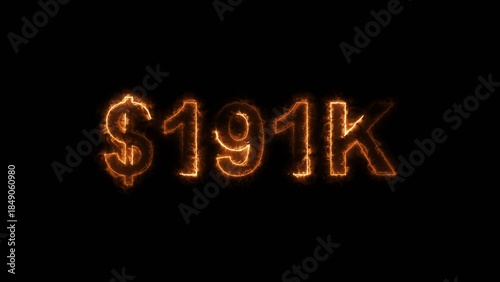 Neon line bright 191k followers isolated orange color 4k illustration on black background. Vibrant neon shiny 191k text orange  color 4k illustration digits for high-resolution.