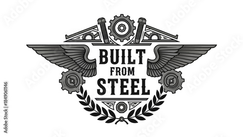 Industrial-inspired emblem featuring gears and mechanical wings emphasizing