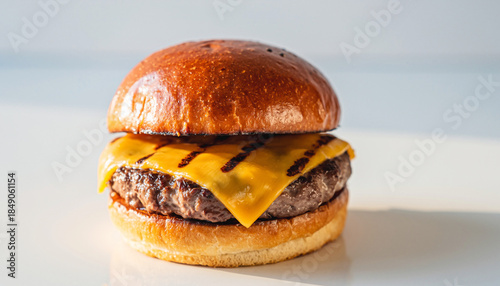 Juicy grilled cheeseburger with melted cheddar on brioche bun.