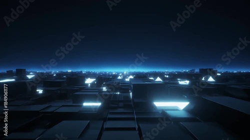 luxury animated style, distant geometric structures emerging along a dark horizon line