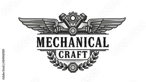 Innovative Mechanical Craft Emblem with Gear Wings and Tools Design