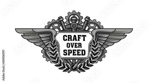 Mechanical Gear Emblem with Wings and Wreath Highlighting Craft Over Speed Theme