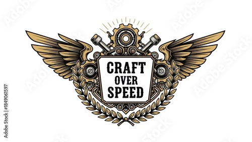 Stylish emblem featuring mechanical gears wings and a bold central shield with