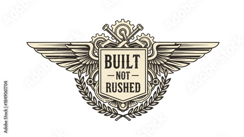 Vintage-inspired emblem with industrial tools and mechanical wing design